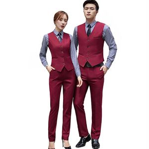 Men's Vests Men & Women Vest For Business Wear Wine Beige Serge High Quality Waistcoat Unisex Career Uniform Pant Suit 2 Pieces Set