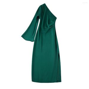 Casual Dresses Women 2023 Fashion Side Pleats Slitt Hem Satin Asymmetric Midi Dress Vintage One Long Fleared Sleeve Female Dresse Mujer
