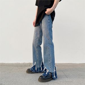Jeans da uomo alla moda High Street Side Split Bordo grezzo Lavaggio Pantaloni svasati Trendy Hip Hop Uomo Y2k Baggy 230207
