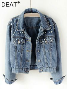 Womens Jackets DEAT Fast Delivery Autumn Fashion Womens Denim Jacket Full Sleeve Loose Button Pearls Short Lapel Wild Casual AP446 230207