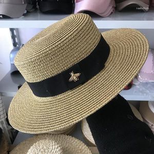 Berets Sun Hats Small Bee Straw Hat European And American Retro Gold Braided Female Loose Sunscreen Sunshade Flat Cap Visors