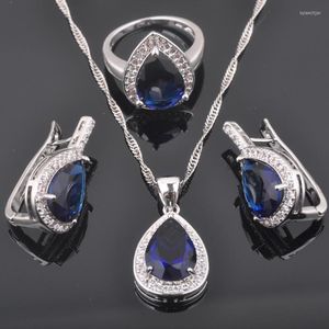 Halskette Ohrringe Set Blauer Zirkonia Wassertropfen Damen Silber Farbe Anhänger Ringe QZ0355