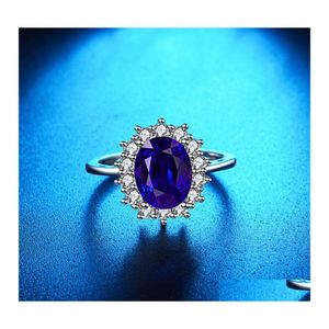 Pierścienie zespołowe stworzone niebieski szafir pierścionka księżniczka korona halo ślub zaręczynowy 925 Sterling Sier dla kobiet 2021 1227 T2 Drop dostawa J DH7C0