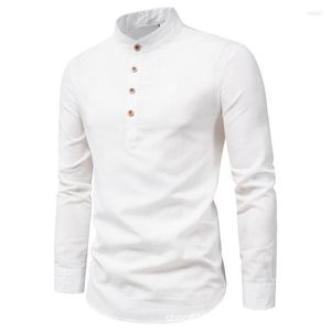 Men's Casual Shirts Men Solid Color Stand Top Breathable Linen Long Sleeved Slim Blouse Camisas Plus Size