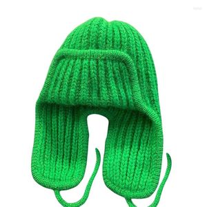 Berets Autumn Winter Ladies Knitted Hat Women Leisure Style Solid Color Flanging Tie Up Ear Protection Windproof Warm Cap