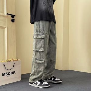 Erkekler pantolon kargo giyim moda eski vintage geniş bacak sokak kıyafeti gevşek rahat düz çok cep s 230207
