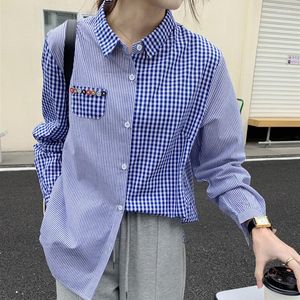 Kadın bluzları Kadın Ekose Gömlek Çizgili Patchwork Uzun Kollu Gevşek Lady Üst Sokak Giyim Kadın Giysileri 2023 Bahar S