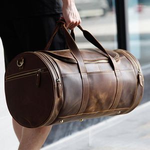 Duffel Taschen Luufan Echtes Leder Reisetasche Für Männer Runde Form Duffle Geschäftsreise Männlich Wochenende Weit Weg Große Handtasche