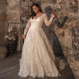 Vestidos de noiva plus size Uma linha 2023 Apliques elegantes de renda de mangas compridas Vestidos de noiva / pescoço Tulle vestido de noiva