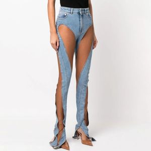 Damen Jeans Y2k Mode Denim Hohe Taille Spirale Aushöhlen Mesh Cowboy Perspektive Hosen Nähte Schlitz 2023 Streetwear 230206