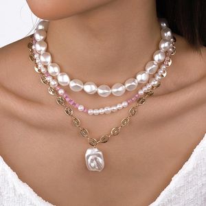 Łańcuchy wielowarstwowe nieregularne perły naszyjnik metalowy temperament geometryczny ułożony łańcuch dla kobiet biżuteria