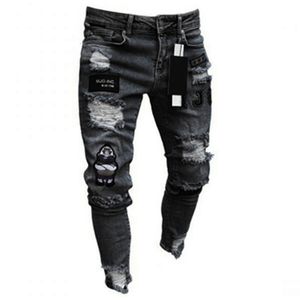 Jeans masculinos Men Men elástico rasgado de bicicleta skinny bordado de desenho animado jeans destruído buraco slim fit jeans de alta qualidade Hip Hop Black 230207