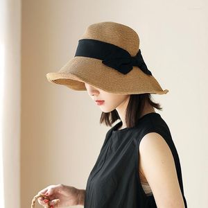 Wide Brim Hats &Dolphin French Style Women Summer Sun Hat Beach Straw Nature Color Bow Ribbon Cap Temperament Flat Collapsible Outdoor E