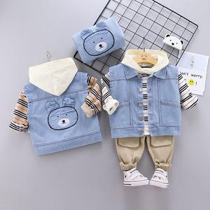 Kläder sätter vår höst baby pojkar flickor bomullskläder barn skjortor denim väst hoodies byxor 3 st/set outfit barn småbarn avslappnad