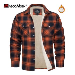 Men's Jackets MAGCOMSEN Men's Fleece Plaid Flannel Shirt Jacket Button Up Casual Cotton Jacket Thicken Warm Winter Work Coat Sherpa Outerwear 230207