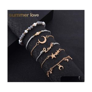 Bangle 6 Pcs/Set Gold Acrylic Bead Mtilayer Braided Rope Bracelet For Women Star Moon Love Crystal Pendant Classic Set Jewelry Drop Dhvpe