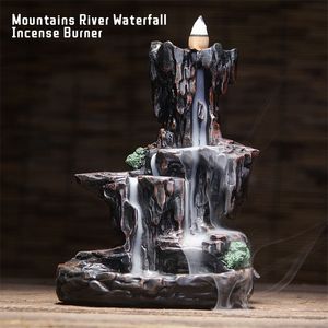 Doftlampor Mountains River Waterfall Incense Fountain Backflow Aroma Smoke Censer Holder Office Home Unique Crafts100 Cones 230206