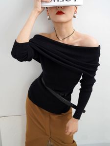 Women's Sweaters CamKemsey Elegant Off Shoulder Slash Neck French Retro Knitted Sweater Woman Autumn Full Sleeve Black Lazy Knit Pullovers 2