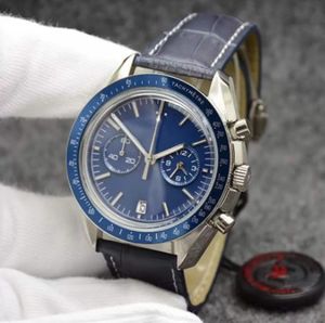 Blaue 44-mm-Herrenuhren, Quarz-Chronograph, silbernes schwarzes Zifferblatt, Moonwatch-Lederband, dunkle Seite des Rings mit Tachymetermarkierungen, Armbanduhren, Luxus-Designer