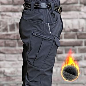 Calças masculinas Kamb Multi Pockets Fleece Cargo quente para masculino Trabalho térmico Casual Inverno Militar preto calça do exército do exército masculino 230206