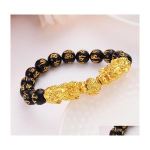 Bangle feng shui obsidian sten p￤rlor armband m￤n kvinnor unisex armband guld svart pixiu rikedom och lycka till 178 u2 droppleverans dhe7q