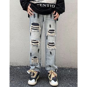 Men s jeans 2023 Summer High Quality Patchwork American Stickers Splash Ink Hole Hip Hop Denim 230207