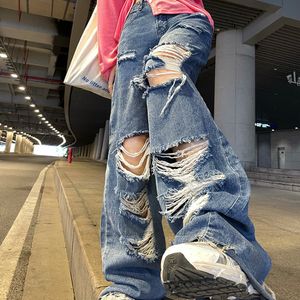 Jeans femininos Spring e Jeans de rua de outono rasgaram a cintura alta perna larga da perna larga Y2K Hip Hop Pants Blue Fashion 230206