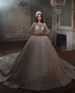 Exquisite Ball Gown Wedding Dresses Long Sleeves V Neck Halter Sequins Appliques Beaded Sparkly Ruffles Formal Bridal Gowns Plus Size Custom Made Vestido de novia