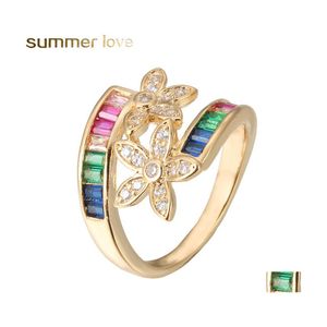 Fedi nuziali Anello di fidanzamento con fiore arcobaleno riempito in oro per le donne Colorf Cubic Zirconia Cz Eternity Band Promessa Fashion Drop Deliv Dhkts