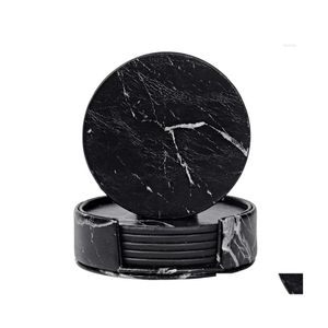 Mats Pads Table Coasters For Drinks 6Piece With Holder Marble Black Round Cup Mat Pad Set Of Home And Kitchen Use Drop Delivery Ga Dhrdi