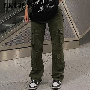 Calça feminina S Vintage Y2K Cargo Baggy Jean Fashion 90S Streetwear Pockets Wide perna alta cintura reta calça de jeans 230101