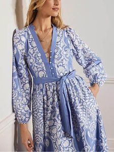 Sukienki swobodne Blue Floral Prints Buttons Suknia Pasek długi rękaw V. Szyja nadmierna midi vestidos mujer szata femme wakacje