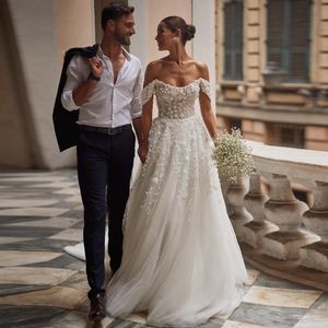 Chic 3D Flowers A Line Wedding Dresses Off-Shoulder Boho Bridal Bowns Floral Applicques Summer Beach Robe de Mariage 326 326