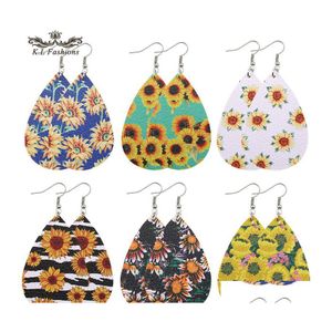 Dangle Chandelier B￶hmen Design Solros Tryckt PU -l￤der￶rh￤ngen f￶r kvinnor Girl Fashion Oval Waterdrop Drop Hook Ear Party J DH1O3