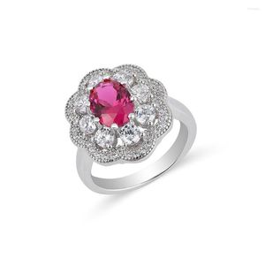 Cluster Rings Trendy 925 Sterling Silver Ruby Diamond Flower For Women Korean INS Plated White Gold Gemstone Party Ring Gift