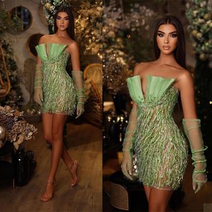 Mini Green Beaded Tassel Prom Dresses Illusion Beading Sleeveless Tailor Made Evening Gowns Robe De Mariee