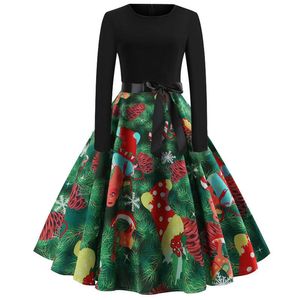 Sukienki swobodne drukowanie choinki vintage elegancka sukienka szata femme plus size o szyja zimowe imprezy vestidos