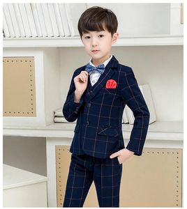 Abiti da uomo Ultimi abiti da ragazzo scozzesi blu navy 3 pezzi Set bambini Prom Wedding Blazer Oversize Kids Giacca da smoking formale Gilet