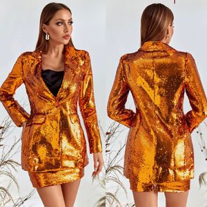 Blazer da donna con paillettes scintillanti adatto a gonne da donna per feste da sera con scollo a V che si vestono per matrimoni sciolti in due pezzi