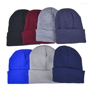 Basker kvinnor män vinter stickad mössa hatt med anti-tätt örat för skydd 2 sidoknappar enkla fast färg manschettskalle mössa
