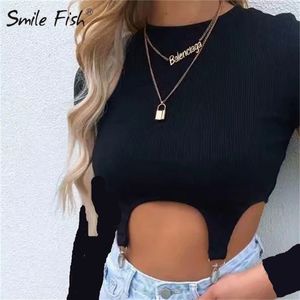 Women's TShirt Tunic Chic Korean Autumn Tops Sexy Crop TShirts Solid Female Ribbed T Shirt for Knitted Tees G28 230206