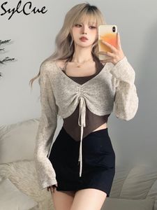 Women's T Shirt Sylcue Grainy Transparent All Match Cool Intellectual Wind Short Jacket With Solid Color Halter Vest Women'S Two Piece Top 230105