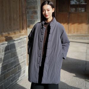 Women's Trench Coats Winter Long Loose Coat Retro Stand Collar Buckle Linen Quilted Parkas Women Traditional Chinese Warm Cotton Padded