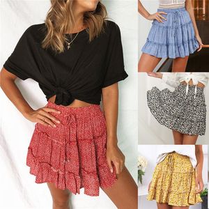 Skirts 2023 Summer European American Women's High Waist Ruffled Floral Skirt Printed Beach A-line