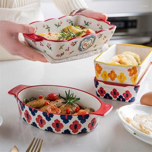 Plates Ceramic Baking Dish Roasting Lasagna Pan Rectangular Bakeware With Handle Creative Microwave Hand-Painted Dessert Plate