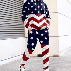 Herrspåriga huvtröjor Ställ in mode 3D Tryckt American Flag Trendy Tracksuit Sweatshirt Sweatpants Passar Casual Male Sports Outfit 230206