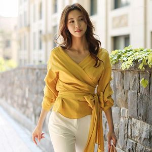 レディースブラウス韓国のファッションシャツ女性2023春秋のルーズトップ弓包帯ランタンスリーブパーティーオフィスレディースワークシャツ