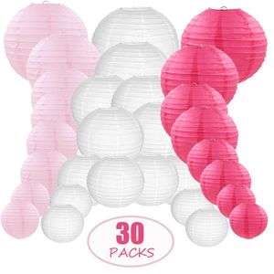 Other Event Party Supplies 30 pcs 4"12" White Light Pink Rose Paper Lantern Chinese Javanese Round lanterne papier lampion Wedding Outdoor Hanging Decor 230206