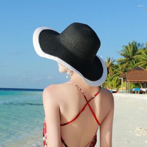 Breite Krempe Hüte Mode Frauen falten schwarzweiß Stroh Sonnenhut Floppy große Kappe Sommer Beach Panama Schutzkappen