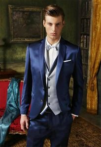 Abiti da uomo Blu navy Groomsmen Notch Risvolto Cena di nozze 2023 Smoking da sposo Uomo lucido Abito da sposo (Giacca Pantaloni Cravatta Gilet)